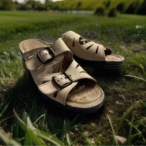 FLY FLOT Dana 2-Strap Double Buckled Anatomic Leather Anti Shock Sandals 7.5 /38